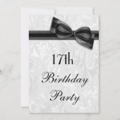 17e Birthday Party Damask and Faux Bow Kaart (Voorkant)