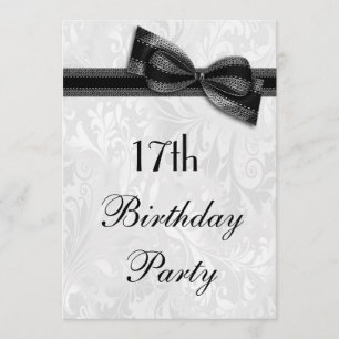 17e Birthday Party Damask and Faux Bow Kaart