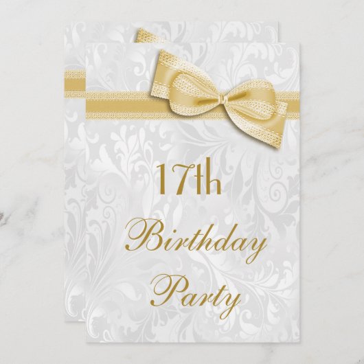 17e Birthday Party Damask and Faux Bow Kaart (Voorkant / Achterkant)