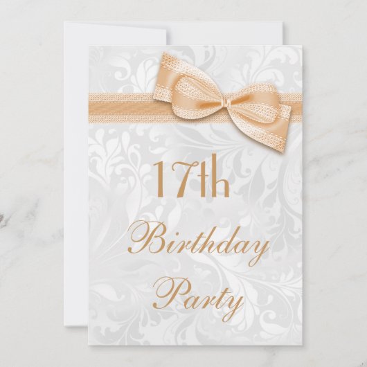 17e Birthday Party Damask and Faux Bow Kaart (Voorkant)