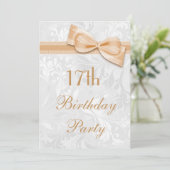 17e Birthday Party Damask and Faux Bow Kaart (Staand voorkant)