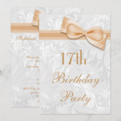 17e Birthday Party Damask and Faux Bow Kaart (Voorkant / Achterkant)