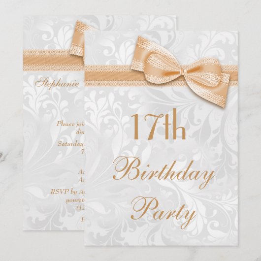 17e Birthday Party Damask and Faux Bow Kaart (Voorkant / Achterkant)