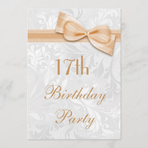 17e Birthday Party Damask and Faux Bow Kaart