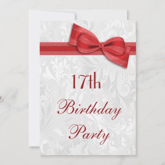 17e Birthday Party Damask and Faux Bow Kaart (Voorkant)