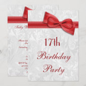 17e Birthday Party Damask and Faux Bow Kaart (Voorkant / Achterkant)