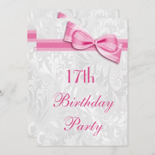 17e Birthday Party Damask and Pink Faux Bow Kaart (Voorkant / Achterkant)