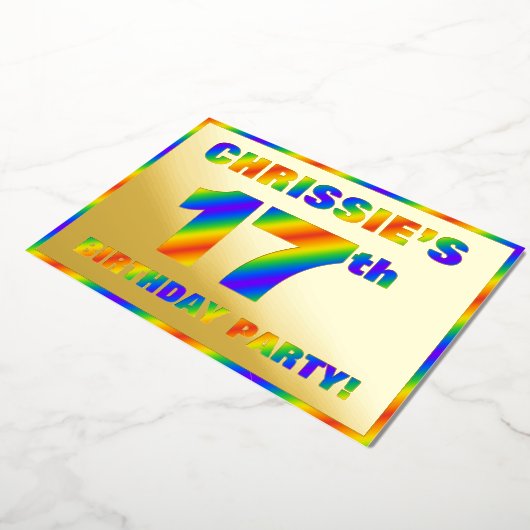 17e Birthday Party — Fun, regenboogspectrum "17" Folie Uitnodiging (Gedraaid)