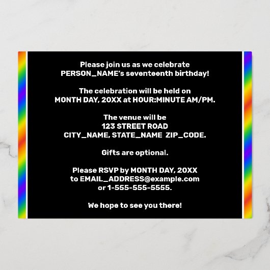 17e Birthday Party — Fun, regenboogspectrum "17" Folie Uitnodiging (Achterkant)