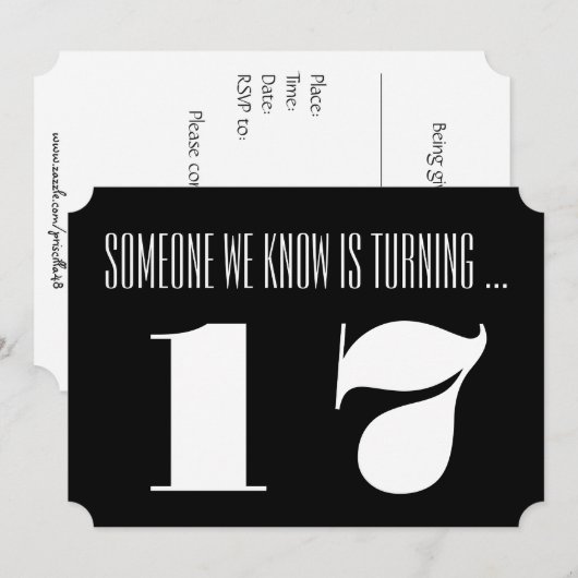 17e Birthday party Invite, zwart-wit. Kaart (Voorkant / Achterkant)