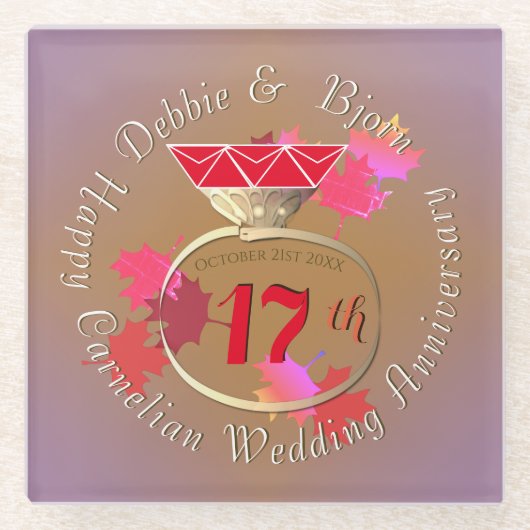 17e bruiloft Jubileum Carnelian Glazen Onderzetter (Voorkant)