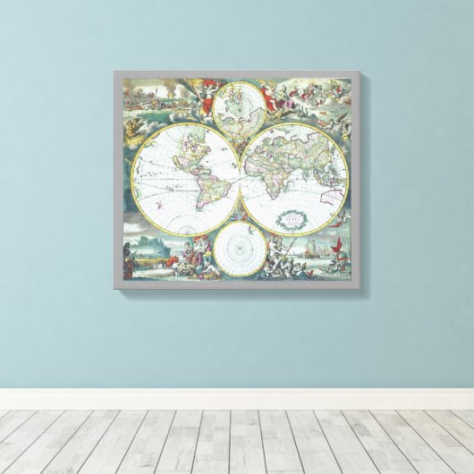 17e eeuw Antiek Wereldkaart, Frederick De Wit Canvas Afdruk (Insitu (Houten vloer))