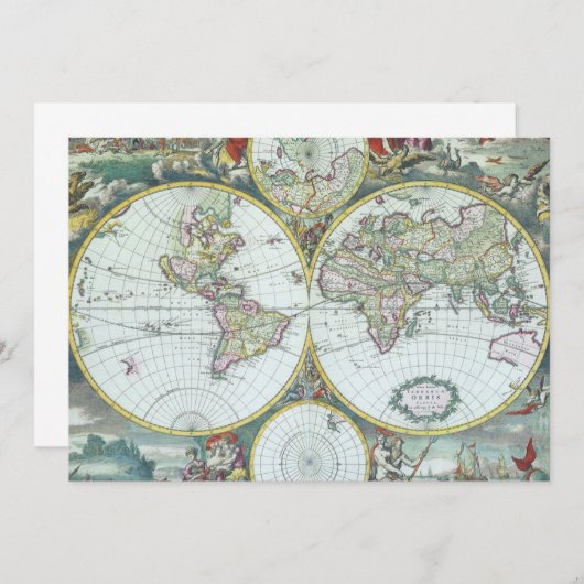 17e eeuw Antiek Wereldkaart, Frederick De Wit Kaart (Voorkant / Achterkant)