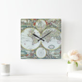 17e eeuw Antiek Wereldkaart, Frederick De Wit Vierkante Klok (Huis)