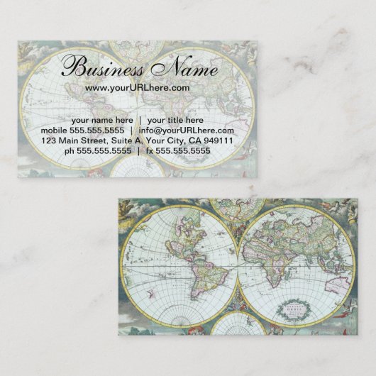 17e eeuw Antiek Wereldkaart, Frederick De Wit Visitekaartje (Voorkant / Achterkant)