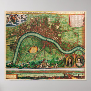 17e-eeuwse antieke straatkaart van Londen, Engelan Poster