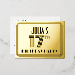 17e geboortedag ~ Art Deco Style "17" + Naam Folie Uitnodiging Briefkaart