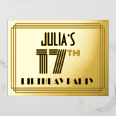 17e geboortedag ~ Art Deco Style "17" + Naam Folie Uitnodiging Briefkaart (Voorkant)