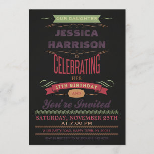 17e  geboortedag, karton Typografie Kaart