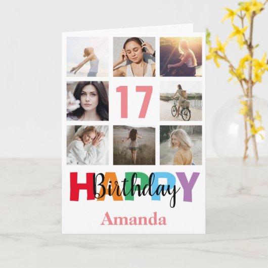 17e Gelukkige Verjaardag Fotocollage Modern Roze Kaart (Gele Bloem)