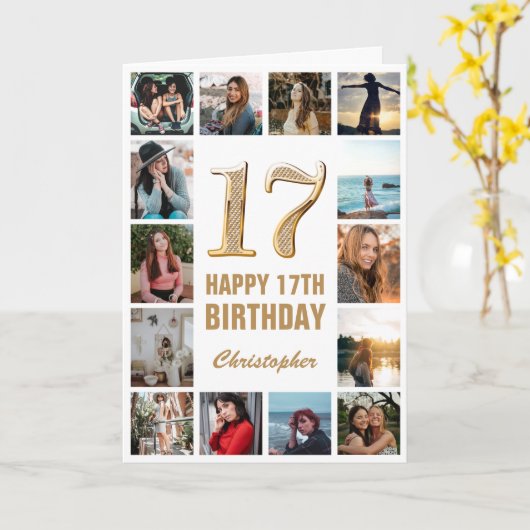 17e Happy Birthday Gold en White Photo Collage Kaart (Gele Bloem)