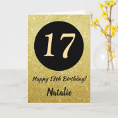 17e Happy Birthday Zwart en Goud Glitter Kaart (Gele Bloem)