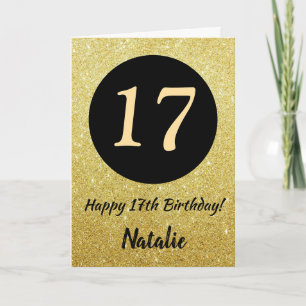 17e Happy Birthday Zwart en Goud Glitter Kaart