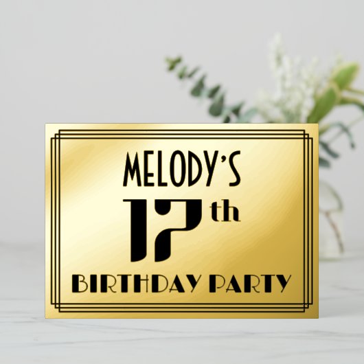 17e verjaardag: Art Deco Kijk "17" en naam Folie Uitnodiging (Staand Voorkant)