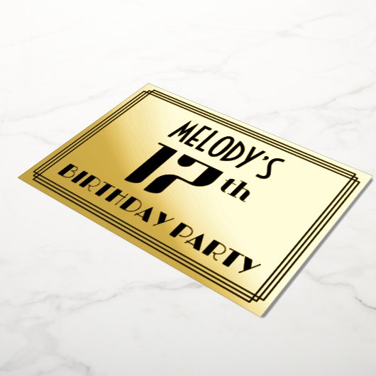 17e verjaardag: Art Deco Kijk "17" en naam Folie Uitnodiging (Gedraaid)