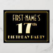 17e verjaardag: Art Deco Kijk "17", met naam Folie Uitnodiging (Voorkant)