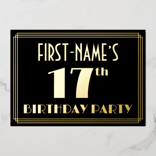 17e verjaardag: Art Deco Kijk "17", met naam Folie Uitnodiging (Voorkant)