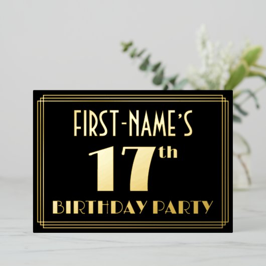 17e verjaardag: Art Deco Kijk "17", met naam Folie Uitnodiging (Staand Voorkant)