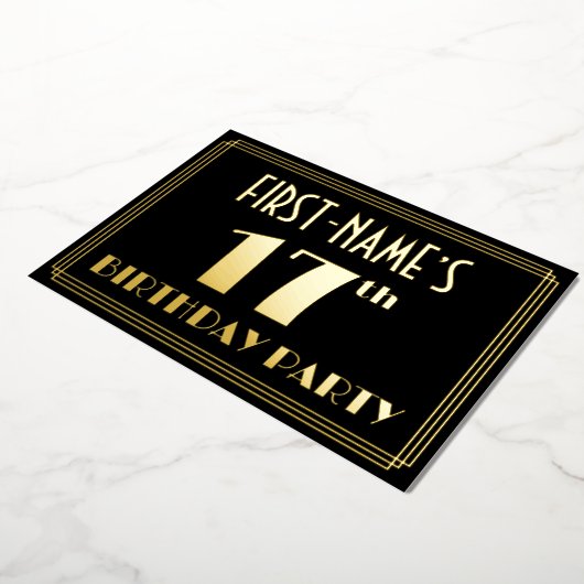 17e verjaardag: Art Deco Kijk "17", met naam Folie Uitnodiging (Gedraaid)