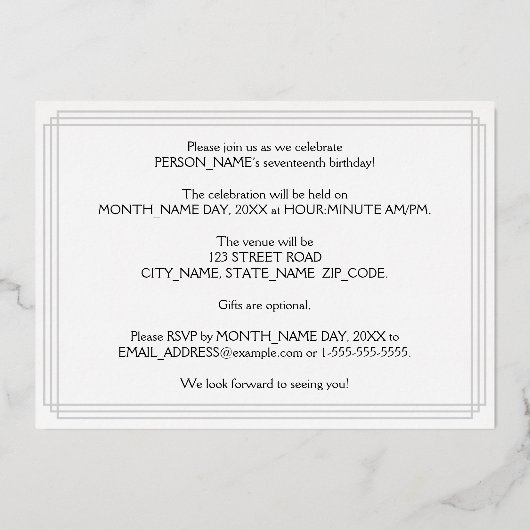 17e verjaardag: Art Deco Kijk "17", met naam Folie Uitnodiging (Achterkant)