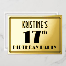 17e verjaardag — Art Deco look "17" + Naam Folie Uitnodiging