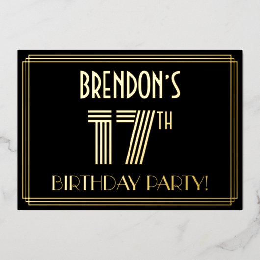 17e verjaardag — Art Deco Style "17" + Naam Folie Uitnodiging (Voorkant)