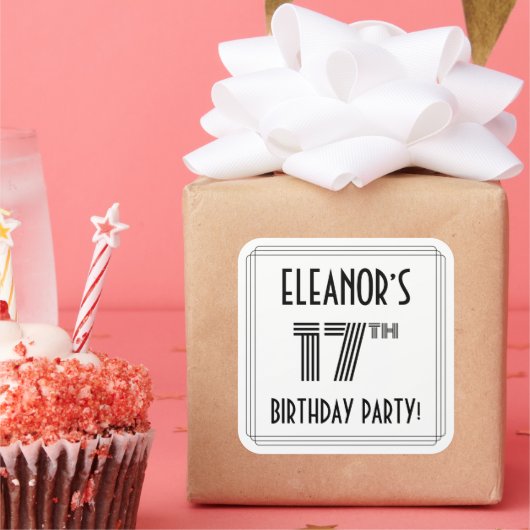 17e verjaardag: Art Deco Style + aangepaste naam Vierkante Sticker (Feest)