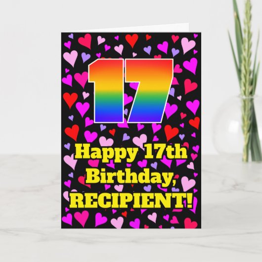 17e verjaardag: Beeldende harten patroon, regenboo Kaart (Voorkant)