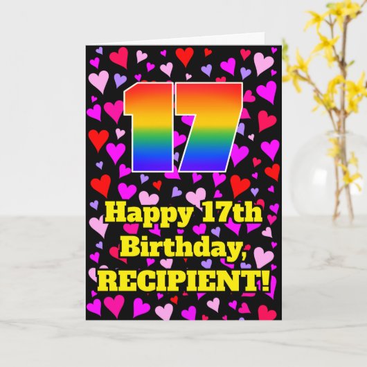 17e verjaardag: Beeldende harten patroon, regenboo Kaart (Gele Bloem)