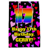 17e verjaardag: Beeldende harten patroon, regenboo Medium Cadeauzakje (Achterkant)