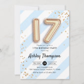 17e verjaardag - Blauwe strepen en gouden ballonne Kaart (Voorkant)