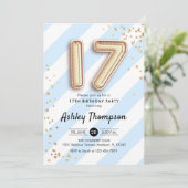 17e verjaardag - Blauwe strepen en gouden ballonne Kaart (Staand voorkant)