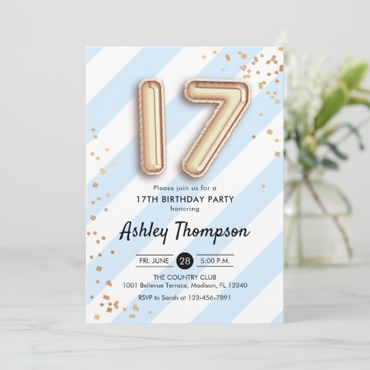17e verjaardag - Blauwe strepen en gouden ballonne Kaart (Staand voorkant)