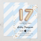 17e verjaardag - Blauwe strepen en gouden ballonne Kaart (Voorkant / Achterkant)