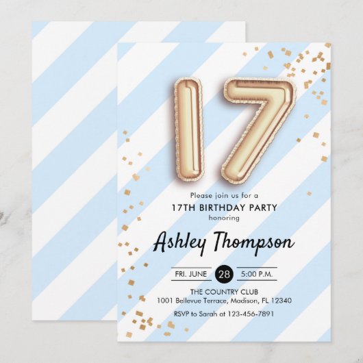17e verjaardag - Blauwe strepen en gouden ballonne Kaart (Voorkant / Achterkant)