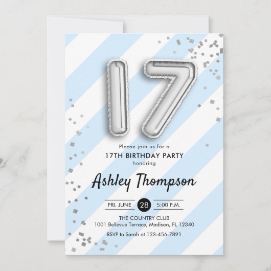 17e verjaardag - Blauwe strepen en zilveren ballon Kaart (Voorkant)