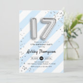 17e verjaardag - Blauwe strepen en zilveren ballon Kaart (Staand voorkant)