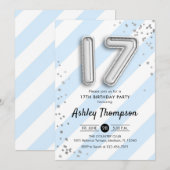17e verjaardag - Blauwe strepen en zilveren ballon Kaart (Voorkant / Achterkant)
