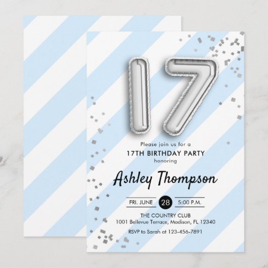 17e verjaardag - Blauwe strepen en zilveren ballon Kaart (Voorkant / Achterkant)