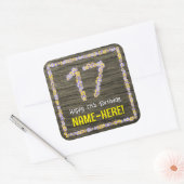 17e verjaardag: Bloemgetal, Faux Wood Look, Naam Vierkante Sticker (Envelop)